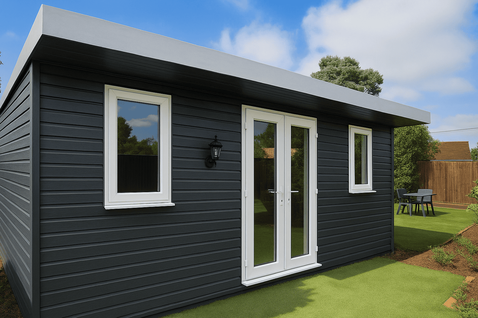 Garden room with side and front overhang, storm grey cladding and white double glazed doors and windows