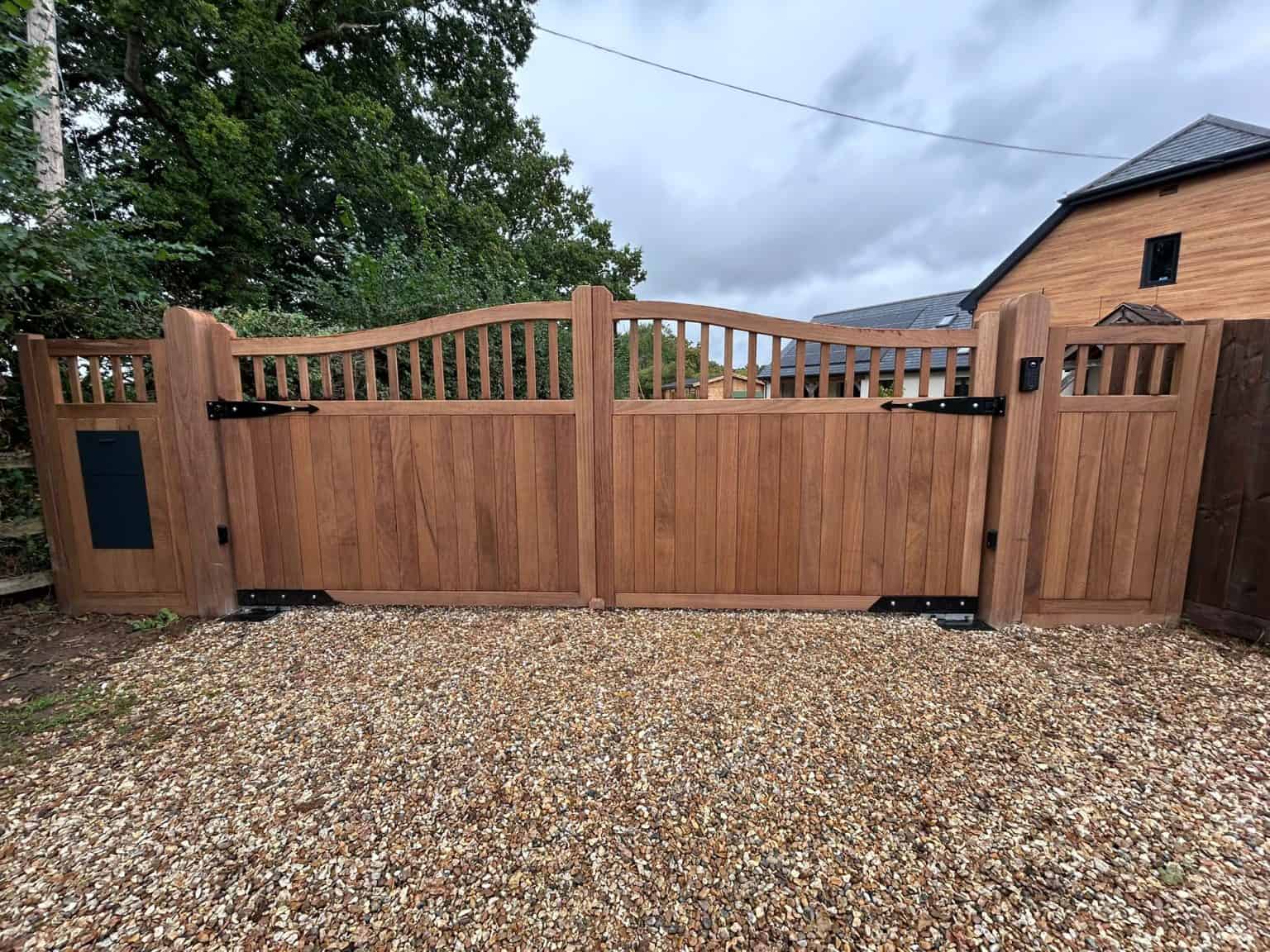 Iroko swan neck gates left view
