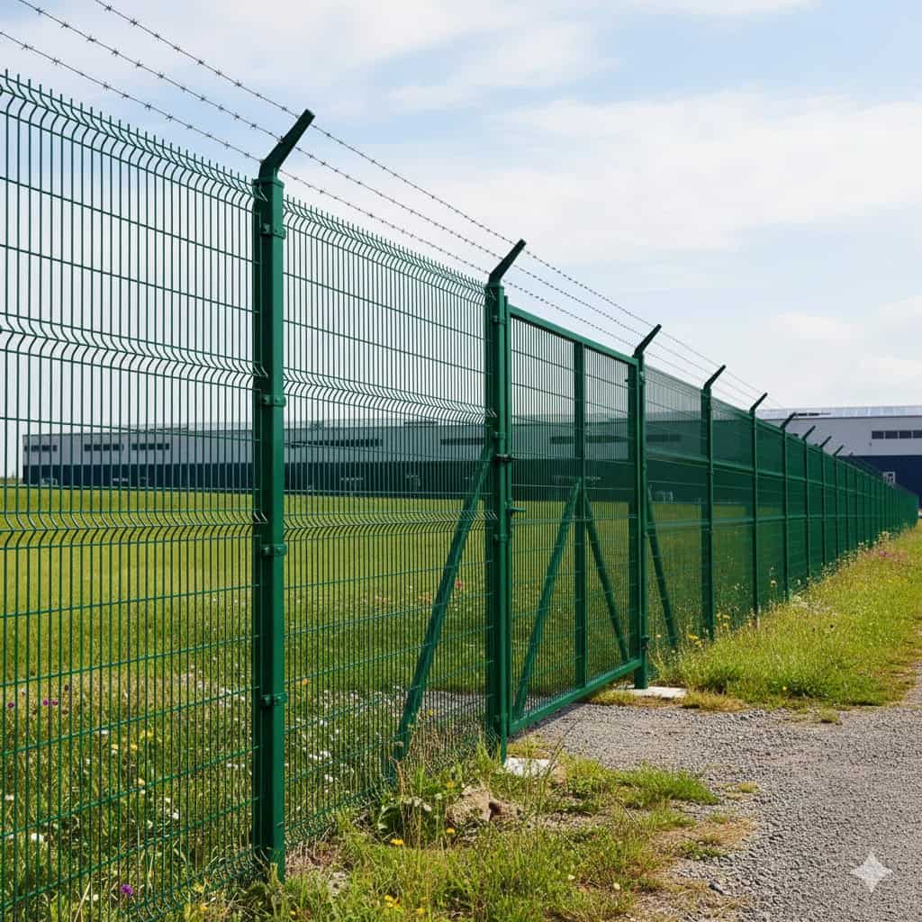 V-mesh security fencing with barbed topping